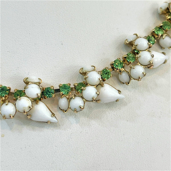 Milk Glass & Emerald Rhinestone Vintage 60's Necklace-Vintageonline-Vintage Online