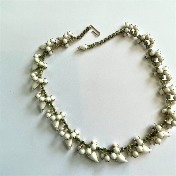 Milk Glass & Emerald Rhinestone Vintage 60's Necklace-Vintageonline-Vintage Online