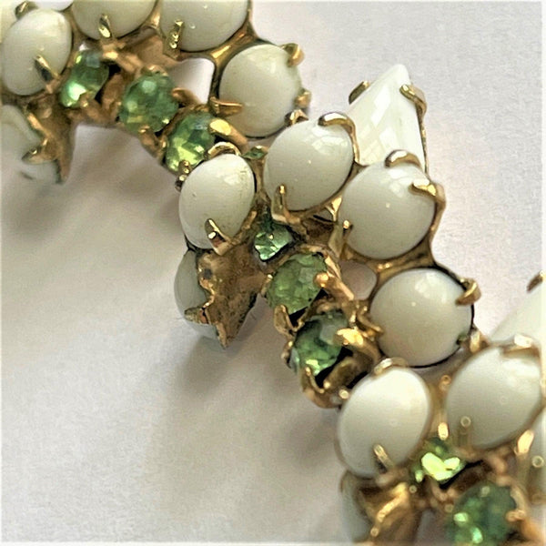 Milk Glass & Emerald Rhinestone Vintage 60's Necklace-Vintageonline-Vintage Online