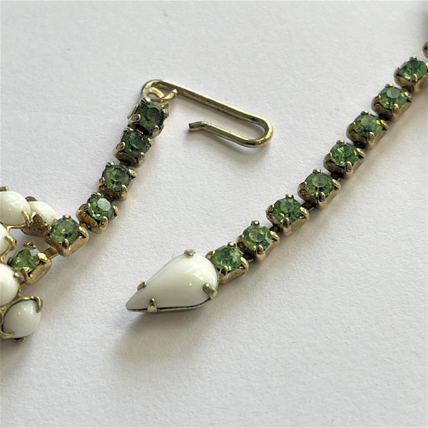 Milk Glass & Emerald Rhinestone Vintage 60's Necklace-Vintageonline-Vintage Online