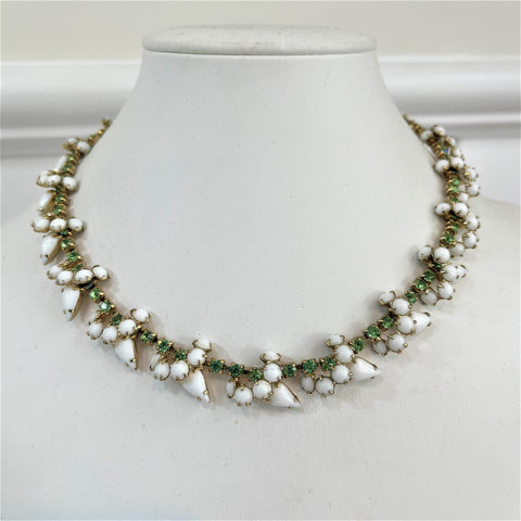 Milk Glass & Emerald Rhinestone Vintage 60's Necklace-Vintageonline-Vintage Online