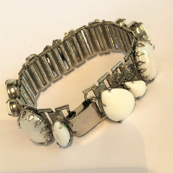 Milk Glass, Pearlized Vintage Bracelet with Taupe Diamantes-Vintage Online-Vintage Online