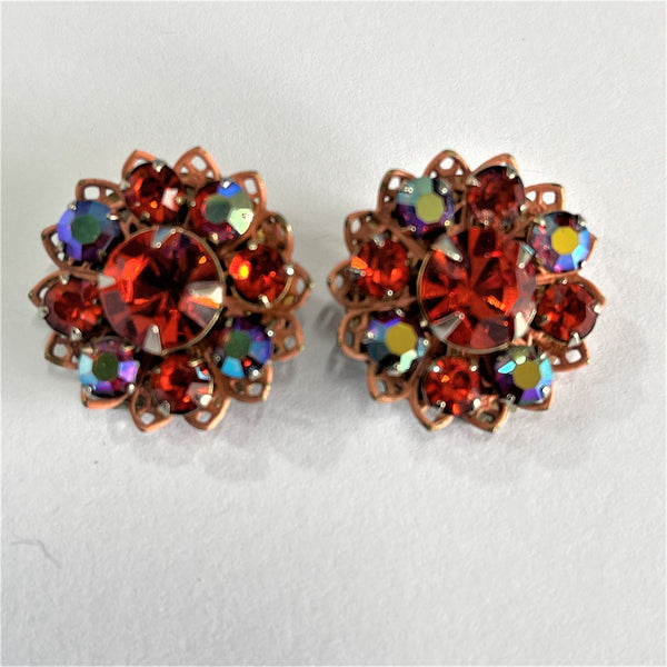 Orange Rhinestone Brooch & Earrings Set-Vintageonline-Vintage Online