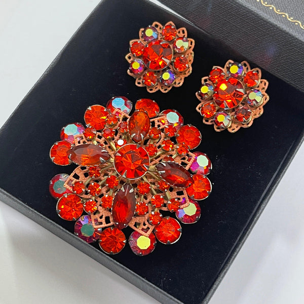 Orange Rhinestone Brooch & Earrings Set-Vintageonline-Vintage Online