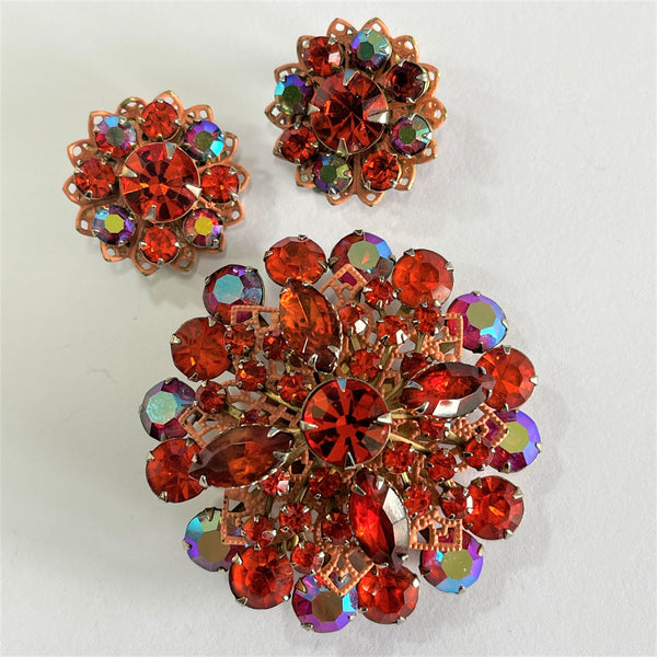 Orange Rhinestone Brooch & Earrings Set-Vintageonline-Vintage Online