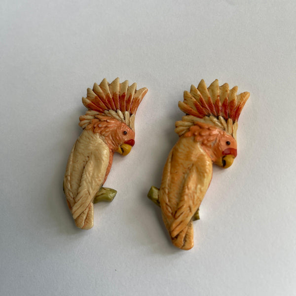 Pair of Pink Cockatoo Mid Century Plastic Brooches-Vintageonline-Vintage Online