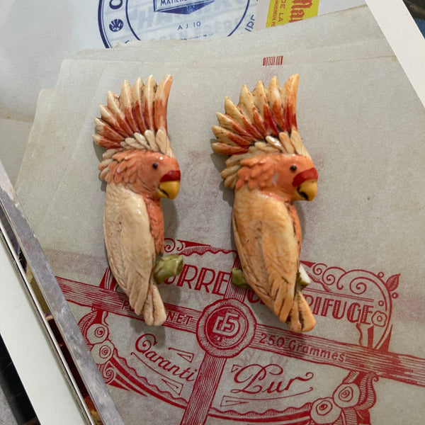 Pair of Pink Cockatoo Mid Century Plastic Brooches-Vintageonline-Vintage Online