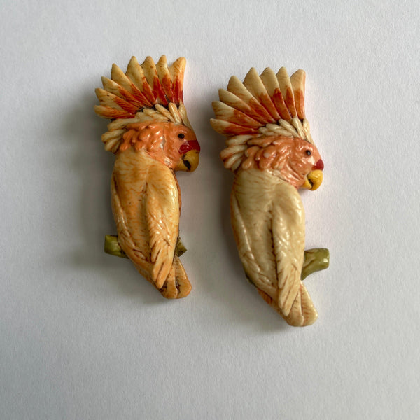 Pair of Pink Cockatoo Mid Century Plastic Brooches-Vintageonline-Vintage Online