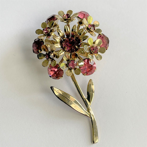 Pink Rhinestone Gold Tone Brooch-Vintageonline-Vintage Online