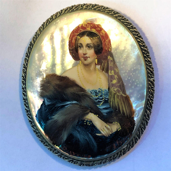 Portrait of a Lady Mother of Pearl Hand Painted Vintage Brooch Vintageonline