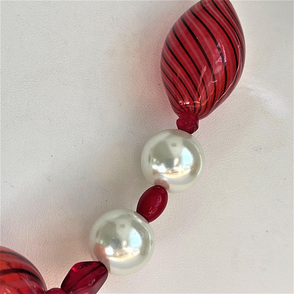 Red Glass Bead & Pearl Necklace-Vintageonline-Vintage Online