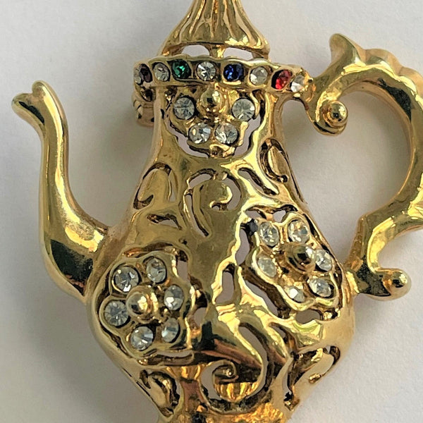 Rhinestone Gold tone Teapot Brooch-Vintageonline-Vintage Online