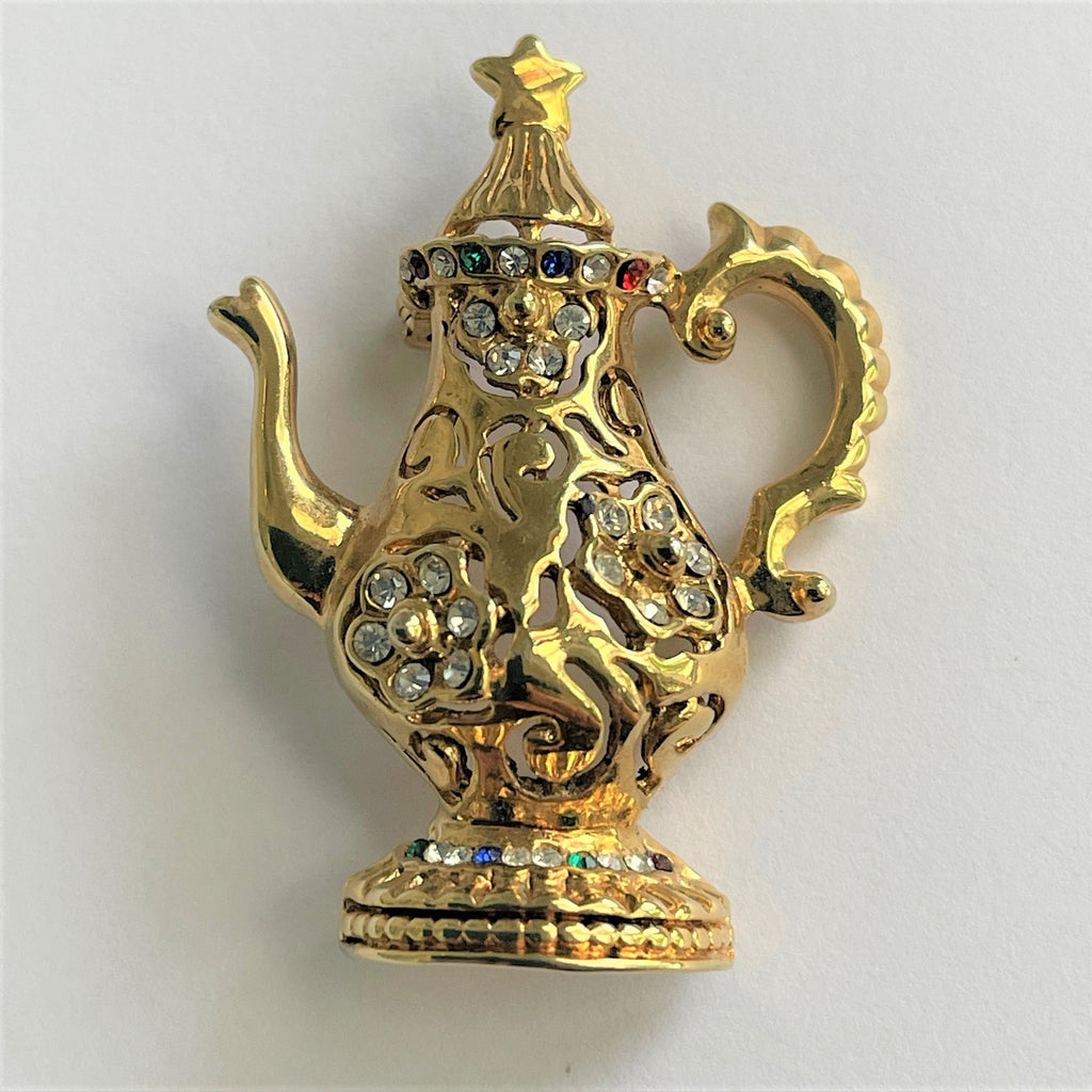 Rhinestone Gold tone Teapot Brooch-Vintageonline-Vintage Online
