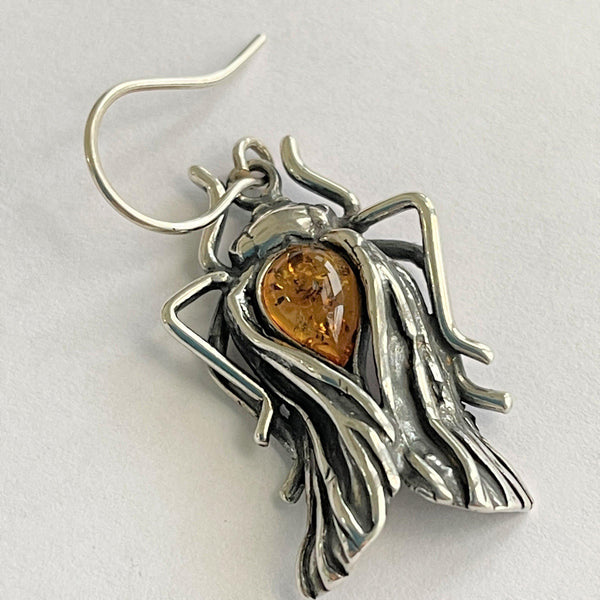 Silver & Amber Beetle Drop Earrings-Vintageonline-Vintage Online
