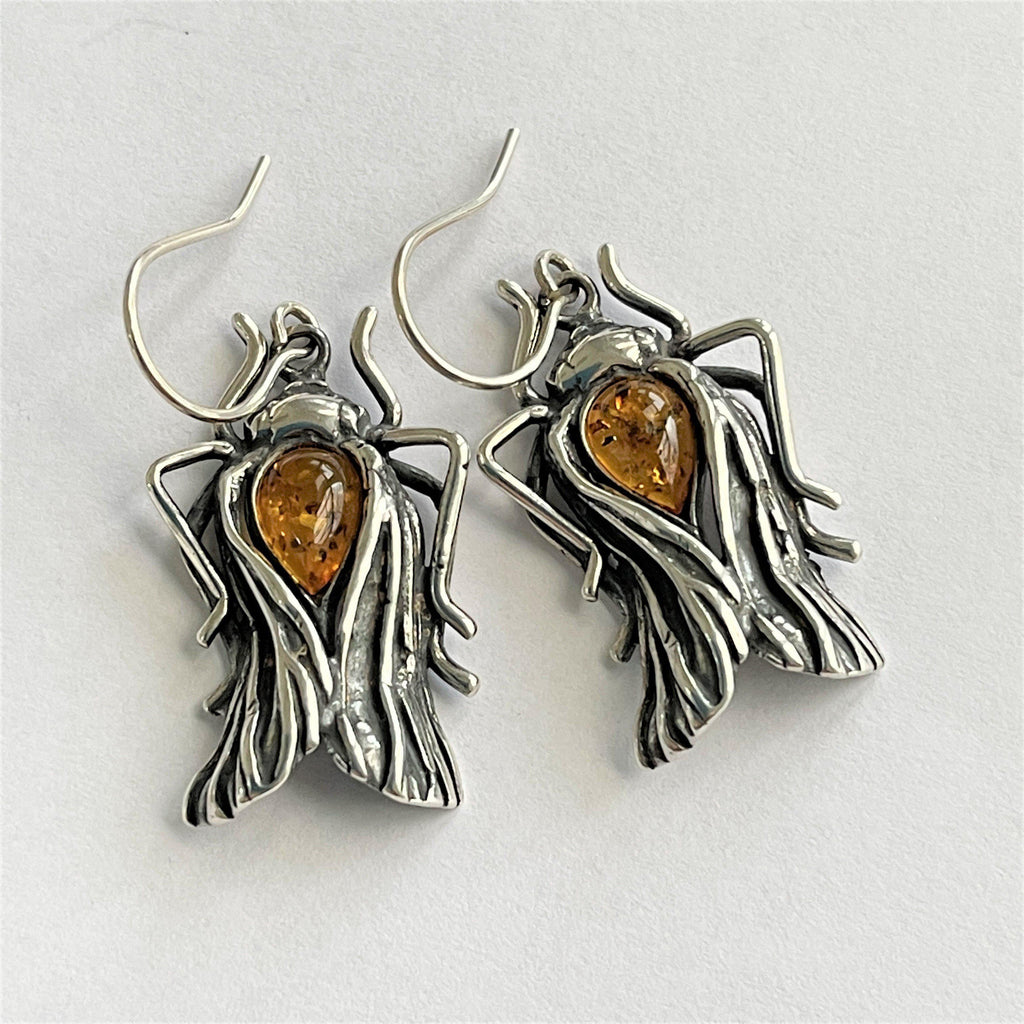 Silver & Amber Beetle Drop Earrings-Vintageonline-Vintage Online