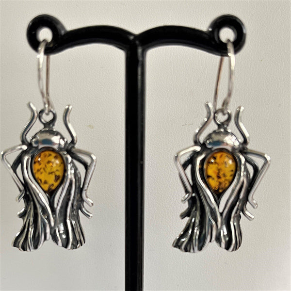 Silver & Amber Beetle Drop Earrings-Vintageonline-Vintage Online