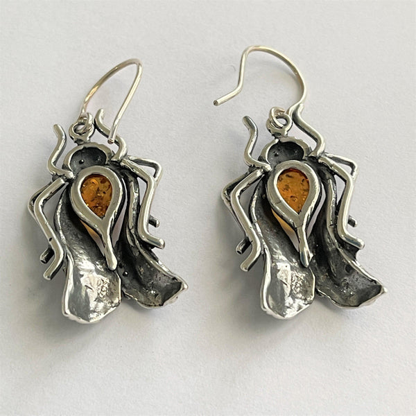 Silver & Amber Beetle Drop Earrings-Vintageonline-Vintage Online