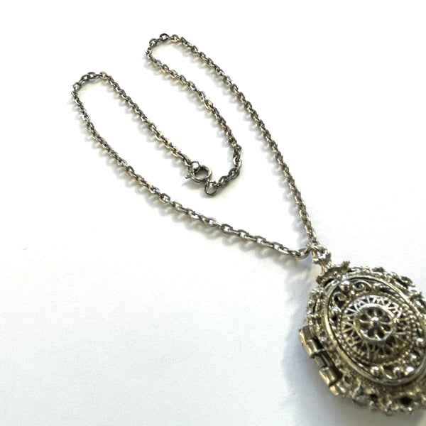 Silver tone Filigree Locket and Chain-Vintageonline-Vintage Online