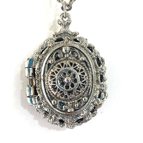 Silver tone Filigree Locket and Chain-Vintageonline-Vintage Online