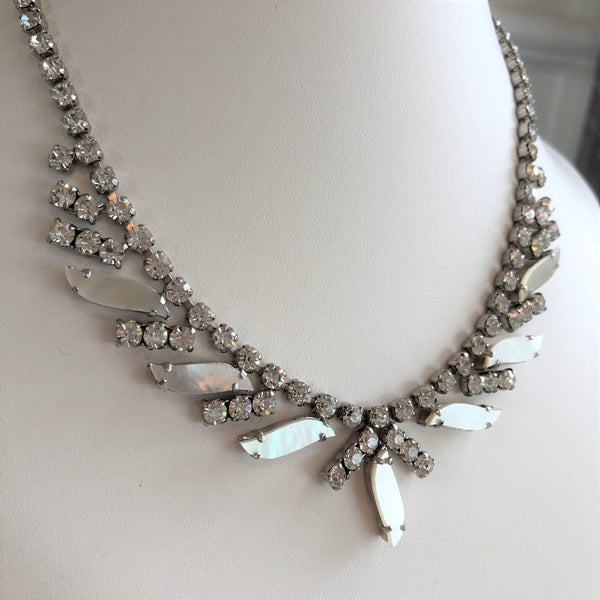 Sparkling 1960's Diamante & Mother of Pearl Matching Necklace & Earrings-Vintage Online-Vintage Online