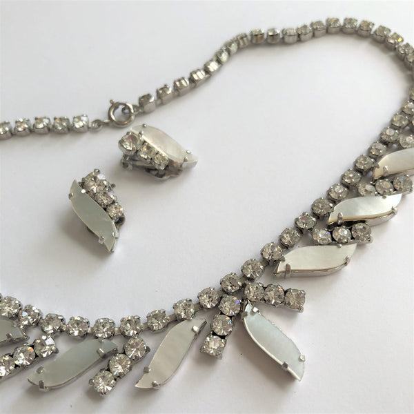 Sparkling 1960's Diamante & Mother of Pearl Matching Necklace & Earrings-Vintage Online-Vintage Online