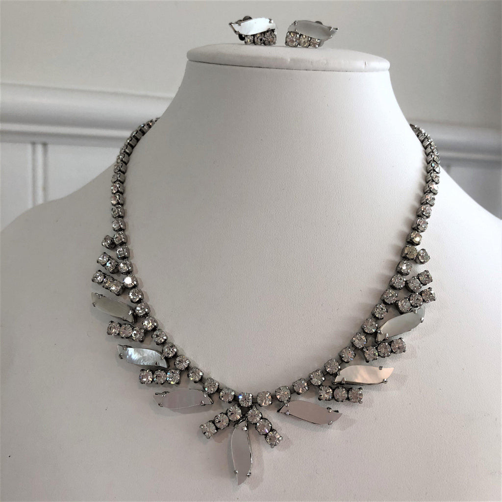 Sparkling 1960's Diamante & Mother of Pearl Necklace and Earrings Vintageonline