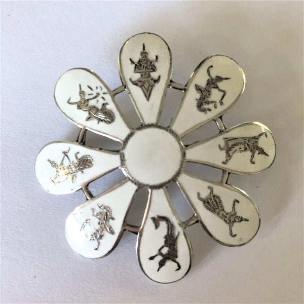 Sterling Silver & White Enamel Niello Brooch-Vintageonline-Vintage Online