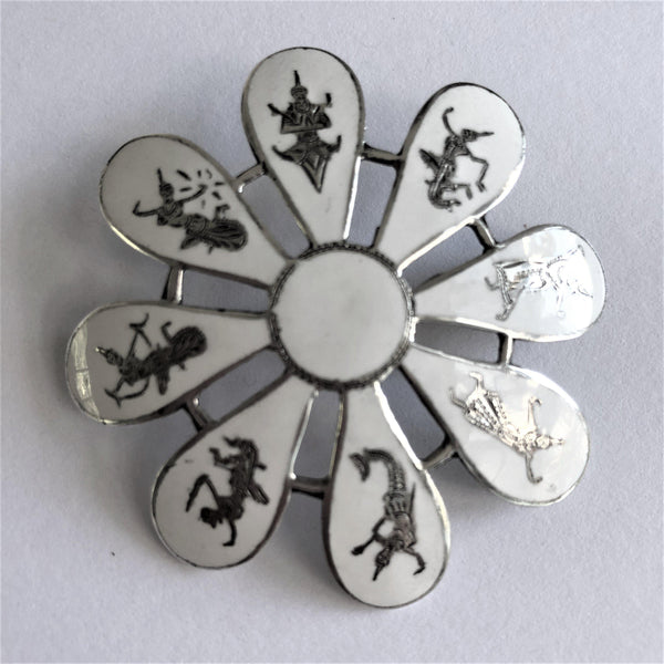 Sterling Silver & White Enamel Niello Brooch-Vintageonline-Vintage Online