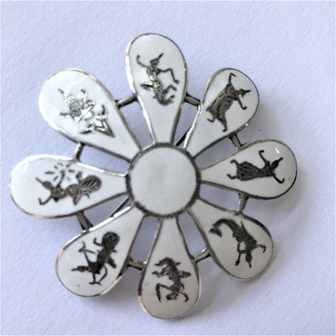 Sterling Silver & White Enamel Niello Brooch-Vintageonline-Vintage Online