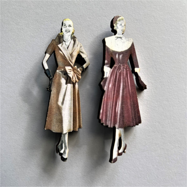 Twin Ladies of Fashion Brooches-Vintageonline-Vintage Online