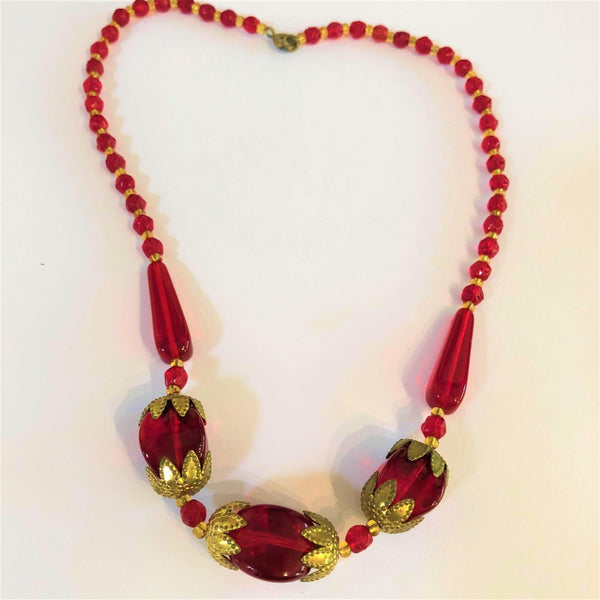 Vibrant Red Glass Bead Vintage Necklace-Vintage Online-Vintage Online