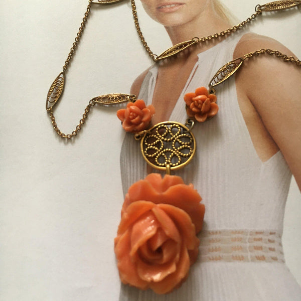 Vintage Online Jewellery | Vintage Carved Faux Coral Pendant by Napier USA