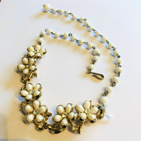 White Thermoset Bead & Diamante Vintage Necklace-Vintageonline-Vintage Online