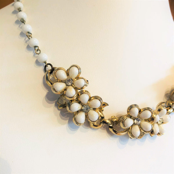 White Thermoset Bead & Diamante Vintage Necklace-Vintageonline-Vintage Online