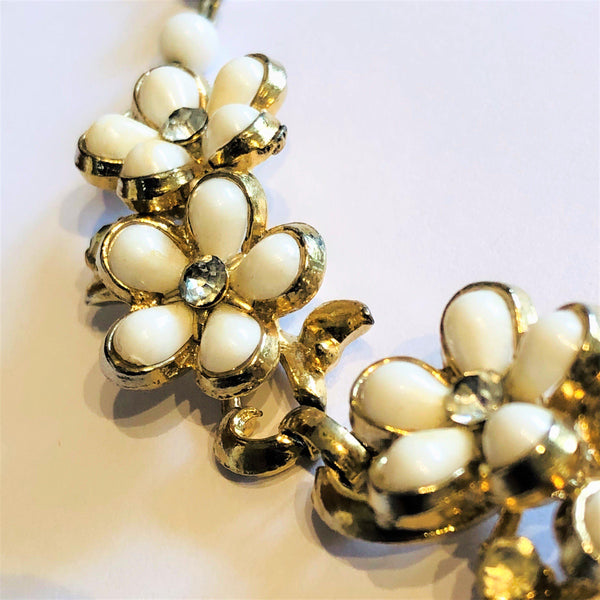 White Thermoset Bead & Diamante Vintage Necklace-Vintageonline-Vintage Online