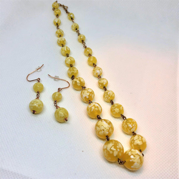 Yellow Speckle Glass Vintage Bead Necklace with Matching Earrings-Vintageonline-Vintage Online