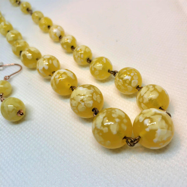 Yellow Speckle Glass Vintage Bead Necklace with Matching Earrings-Vintageonline-Vintage Online