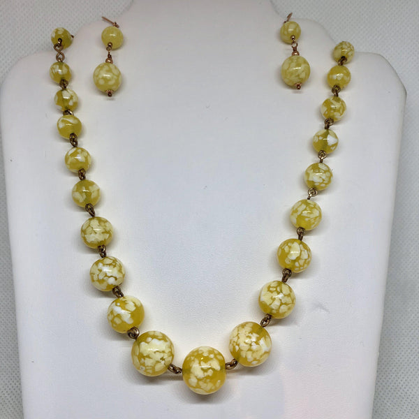 Yellow Speckle Glass Vintage Bead Necklace with Matching Earrings Vintageonline